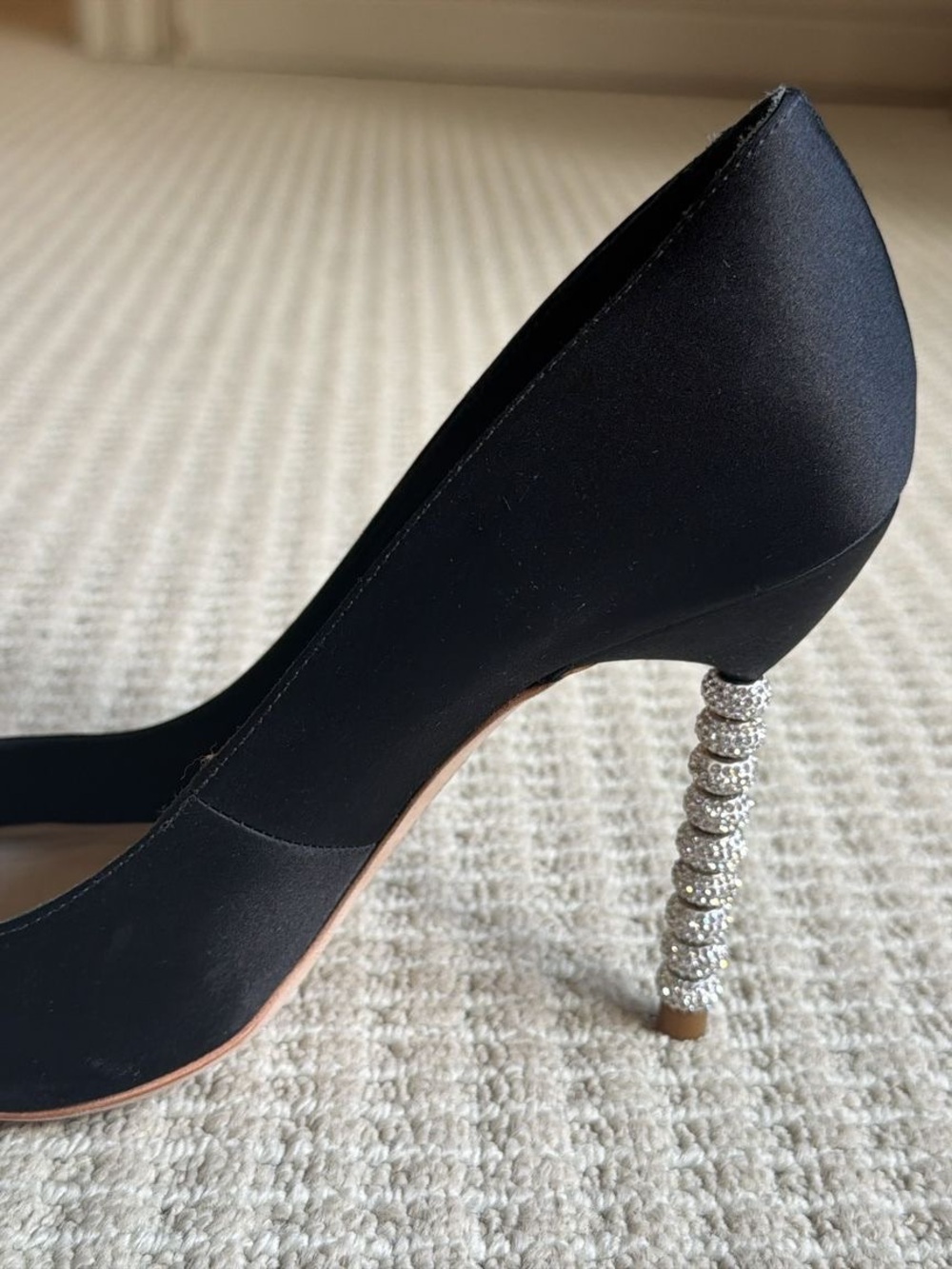 Sophia Webster Black Satin Pump with Crystal-Studded Stiletto Heel